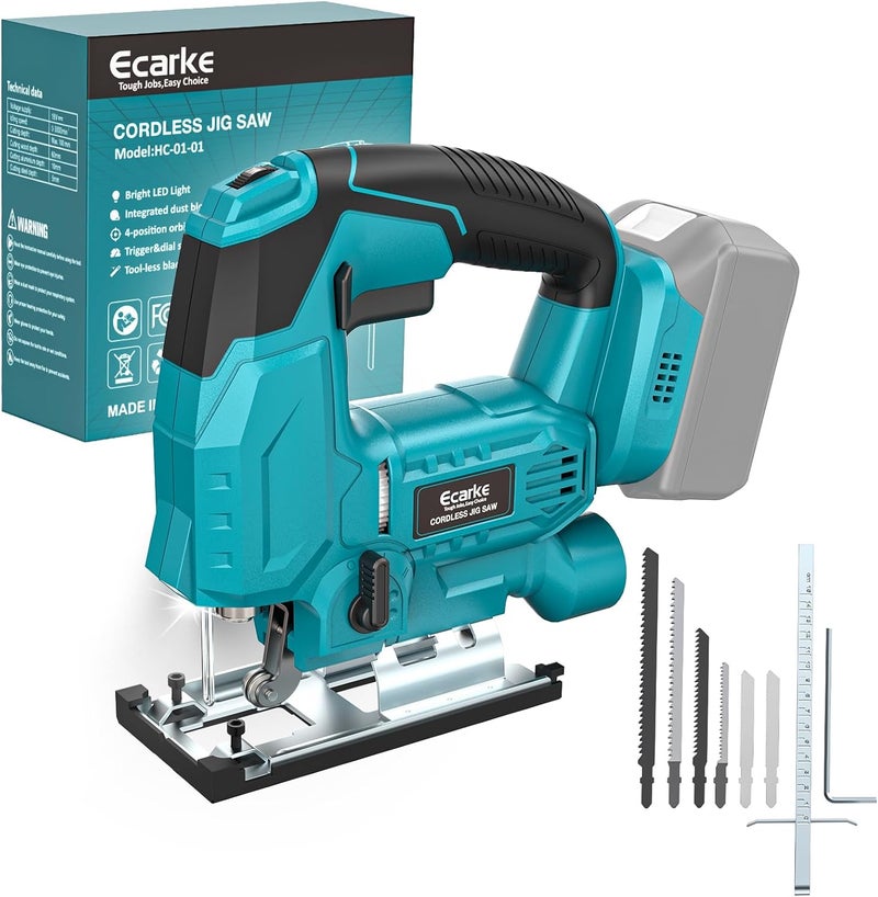 Ecarke Cordless Jig Saw Compatible With Makita 18V Battery (Only Tool), 4 Orbital Sets, 6 Variable Speeds Control, Dust-Blowing, ±45° Bevel Cuts, LED Light and 6PCS Blades For Cutting - Image 1
